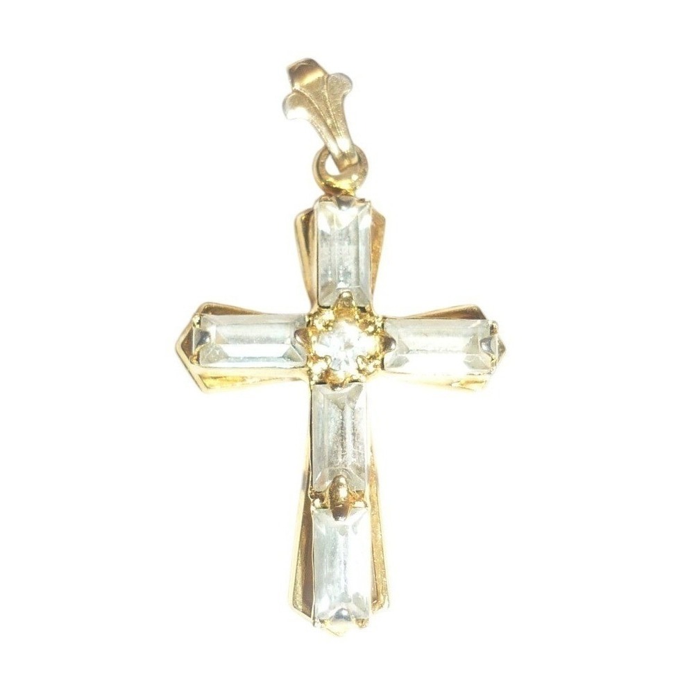 Gold Tone Cross Pendant Necklace Rhinestone Baguette Crystal Religious